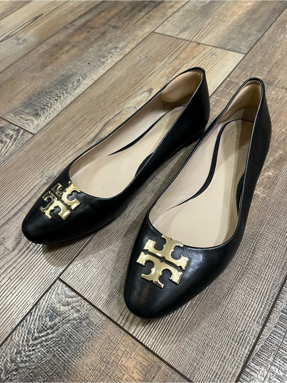 Tory Burch Black Leather Logo Ballet Flats